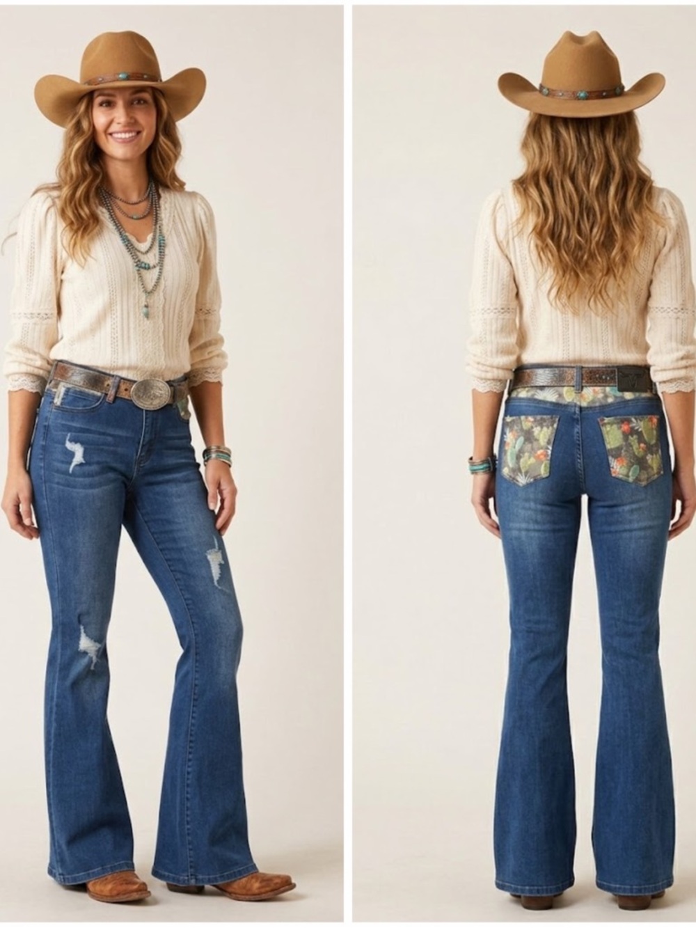 Lucky & Blessed Cactus Print Distressed Flare Jeans- Western Boho 30x33